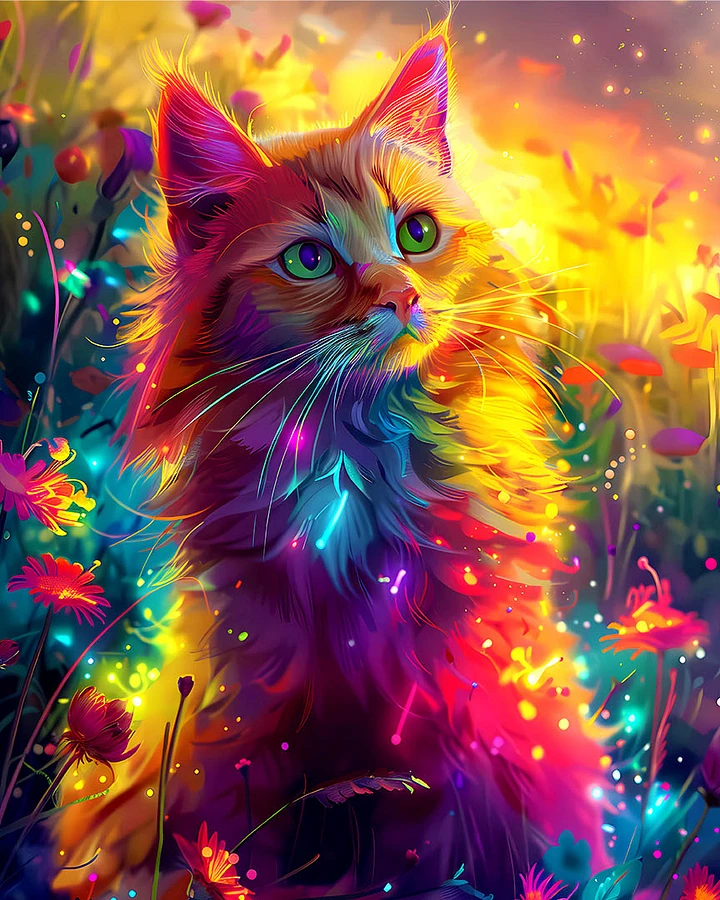 Radiant Feline Fantasy: A Vibrant Psychedelic Cat Illustration Matte Poster product image (1)