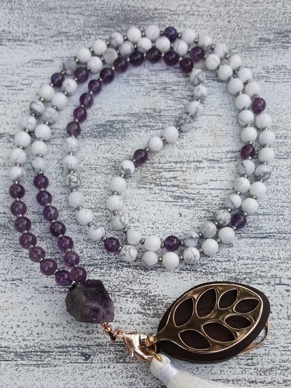 Peace Mala, Amethyst & Howlite Necklace: Handcrafted Healing Stone Jewelry product image (2)