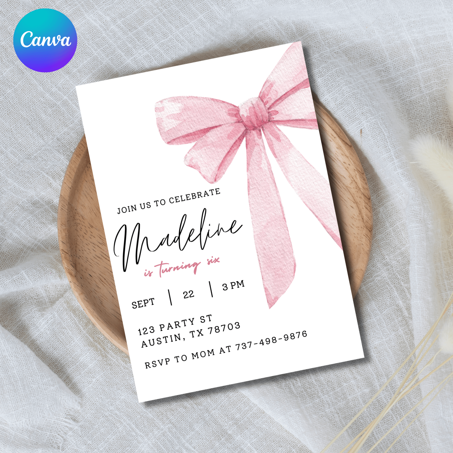 Pink Bow Birthday Invitation Template – Canva Editable Invitation for Girls product image (1)