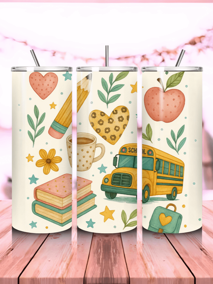 School Supplies Tumbler Wrap PNG – 20oz Skinny Sublimation Design with Colorful Stationery Doodles – Perfect for Back to School – 300 DPI Instant Digital Download product image (1)