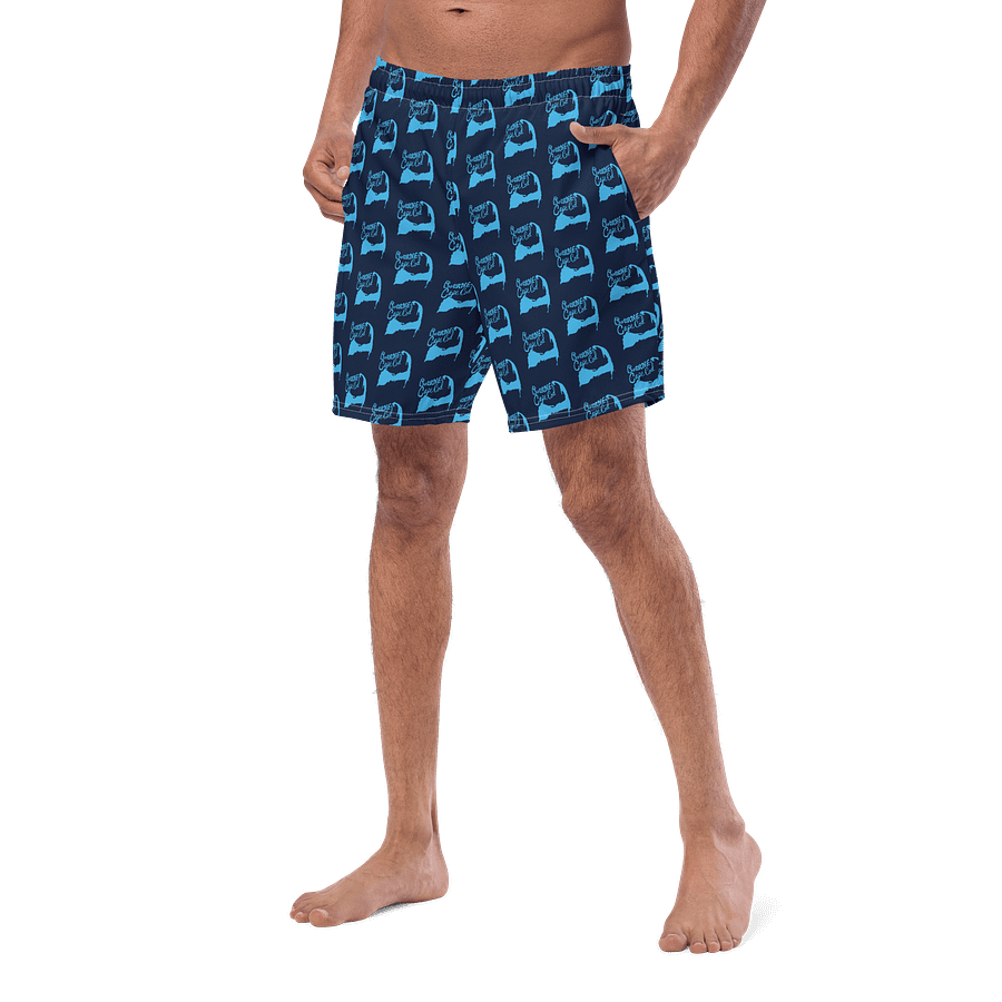 BOURNE to Cape Cod™ All-Over Logo Swim Trunks | Men's UPF 50+ Quick-Dry Coastal Shorts | Deep Sky Blue Logo Repeat Pattern on Navy product image (2)