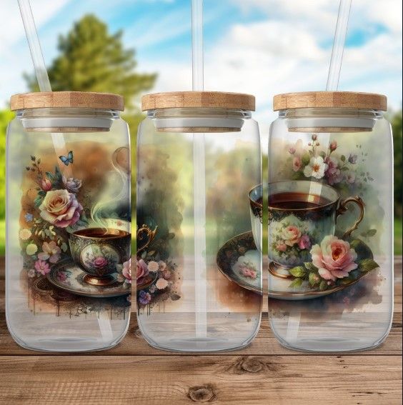 Enchanted Tea Time: Vintage Floral Glass Jar with Bamboo Lid product image (1)