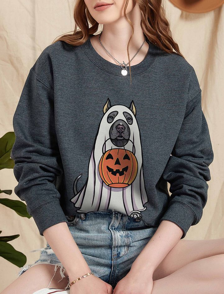 Funny Halloween Pitbull Terrier(Cropped Ears, Blue) Sweatshirt | Funny Pittie Wearing a Ghost Costume and Holding a Pumpkin Basket product image (5)