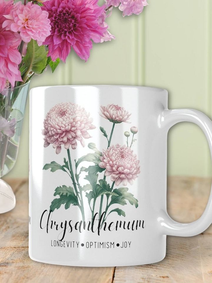 Chrysanthemum Ceramic White Mug: Longevity, Optimism, Joy November Birth Month Flower product image (2)