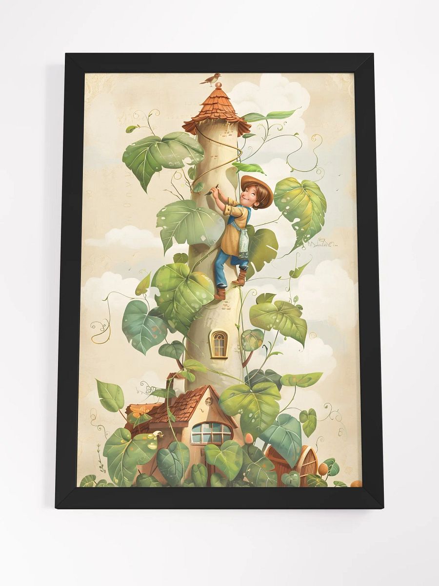 Boy climbing a tall beanstalk toward a cozy small house product image (4)