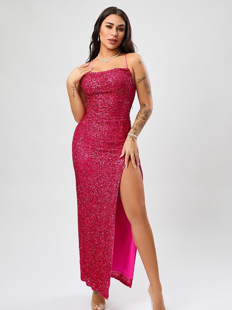 Wholesale high quality elegant slight stretch sling sequins slim high slit maxi dress product image (3)