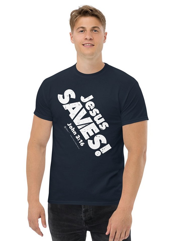 Jesus SAVES! Heavyweight Unisex Crewneck T-shirt | Gildan® 5000, White on Dark Colors product image (1)