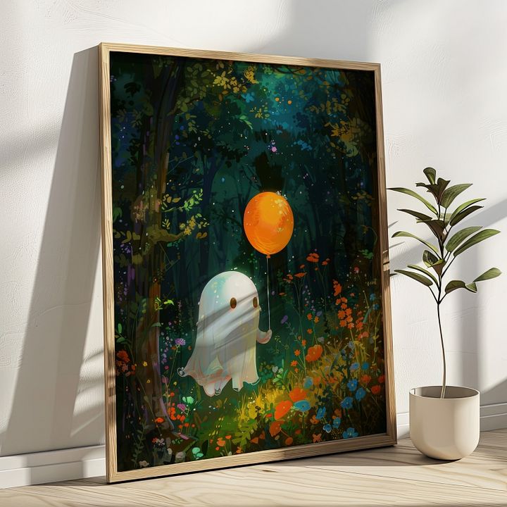 Cute Ghost with a Balloon Whimsical Halloween Art Print product image (2)