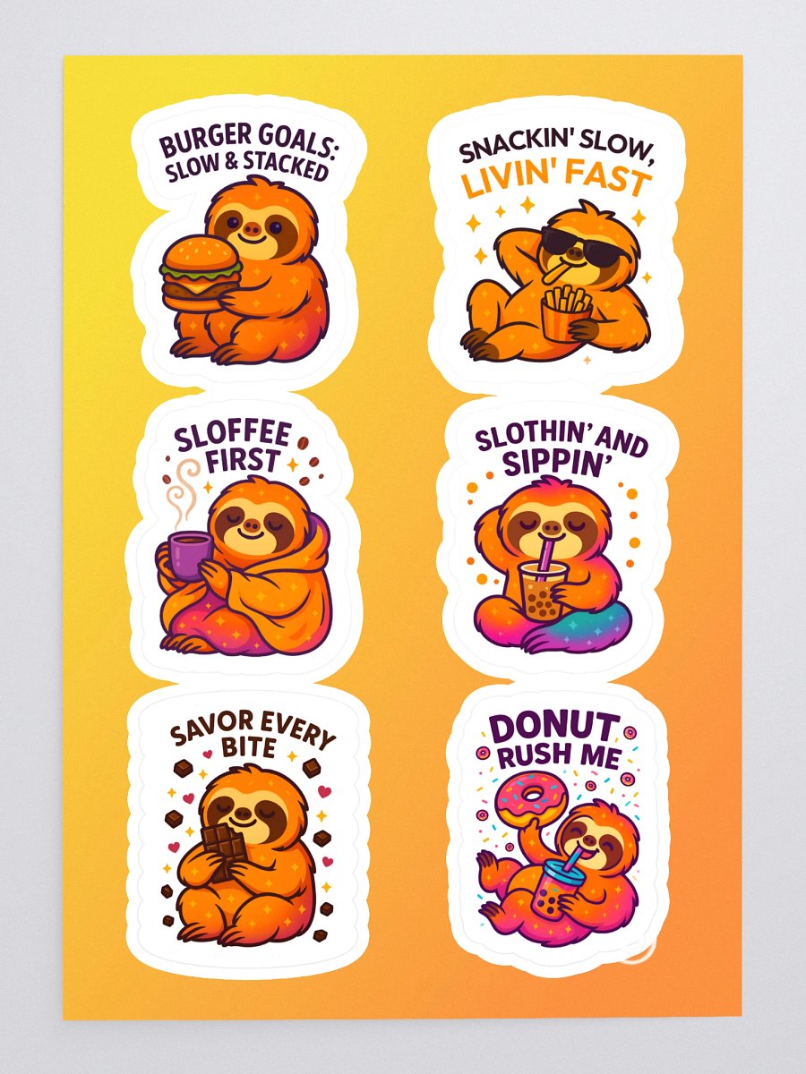 Sloths Having Snacks Sticker Sheet – Funny Sloth Food Stickers for Journals, Planners, Water Bottles & Gifts (6-Stickers) product image (3)