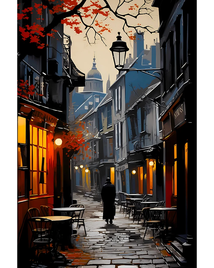 Mans Walks Down Old Cobblestone Street at Dusk in Autumn Fall Leaves Matte Poster product image (1)