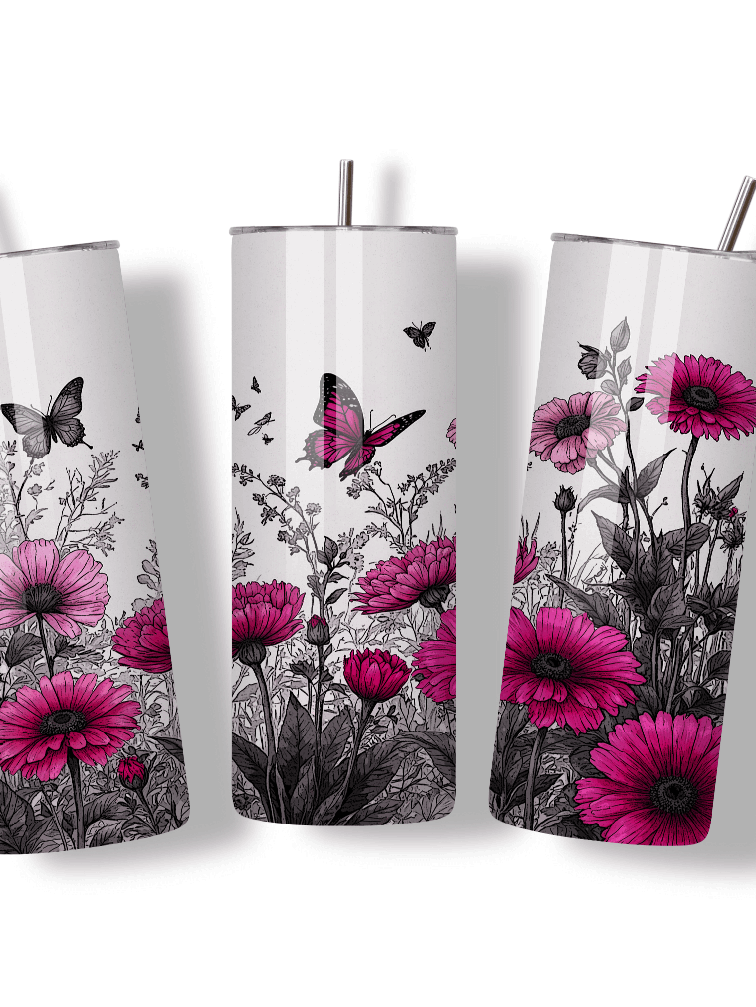 Butterfly & Floral 20oz Skinny Tumbler with Metal Straw – Pink and Black Garden Design with Flowers and Butterflies – Double-Walled Insulated Stainless Steel Tumbler, Gift for Nature Lovers product image (4)