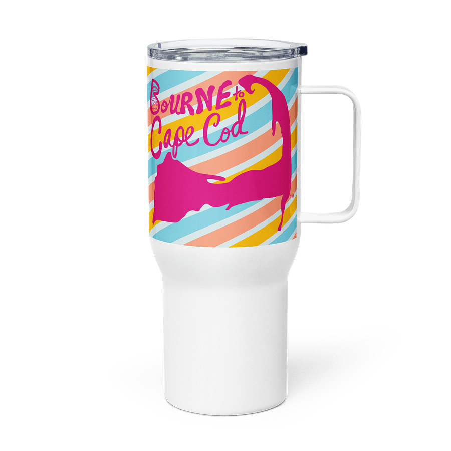 BOURNE to Cape Cod™ | Allcolor 267 | Stainless Steel Travel Mug with Handle | Insulated, Spill-Proof, Coastal Adventure Style | Pink Logo on Bright Stripes product image (4)