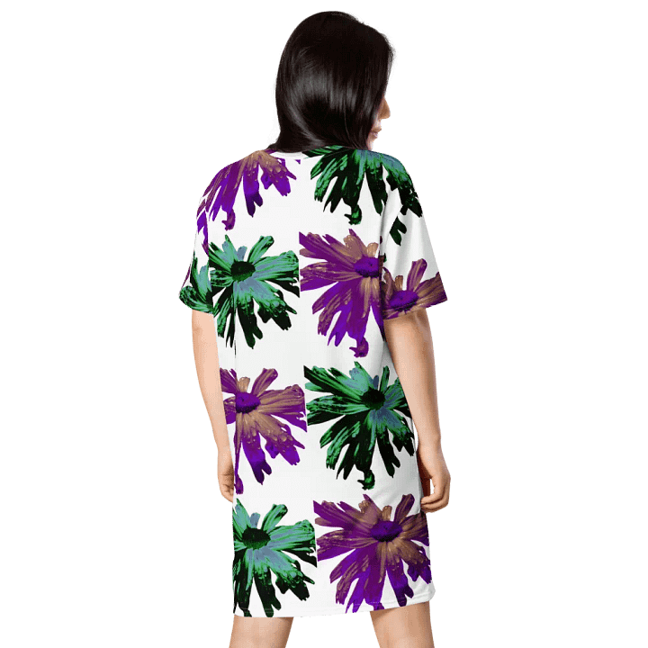 Abstract Green and Hibiscus Daises Ladies T Shirt Dress product image (2)
