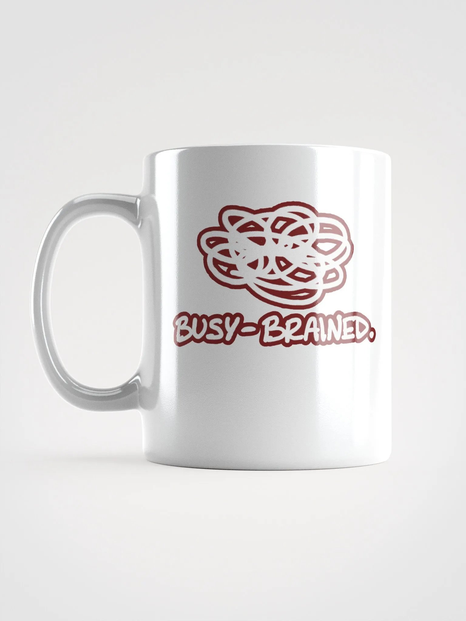 BUSY-BRAINED (lined design, #6D1616) glossy white mug product image (11)