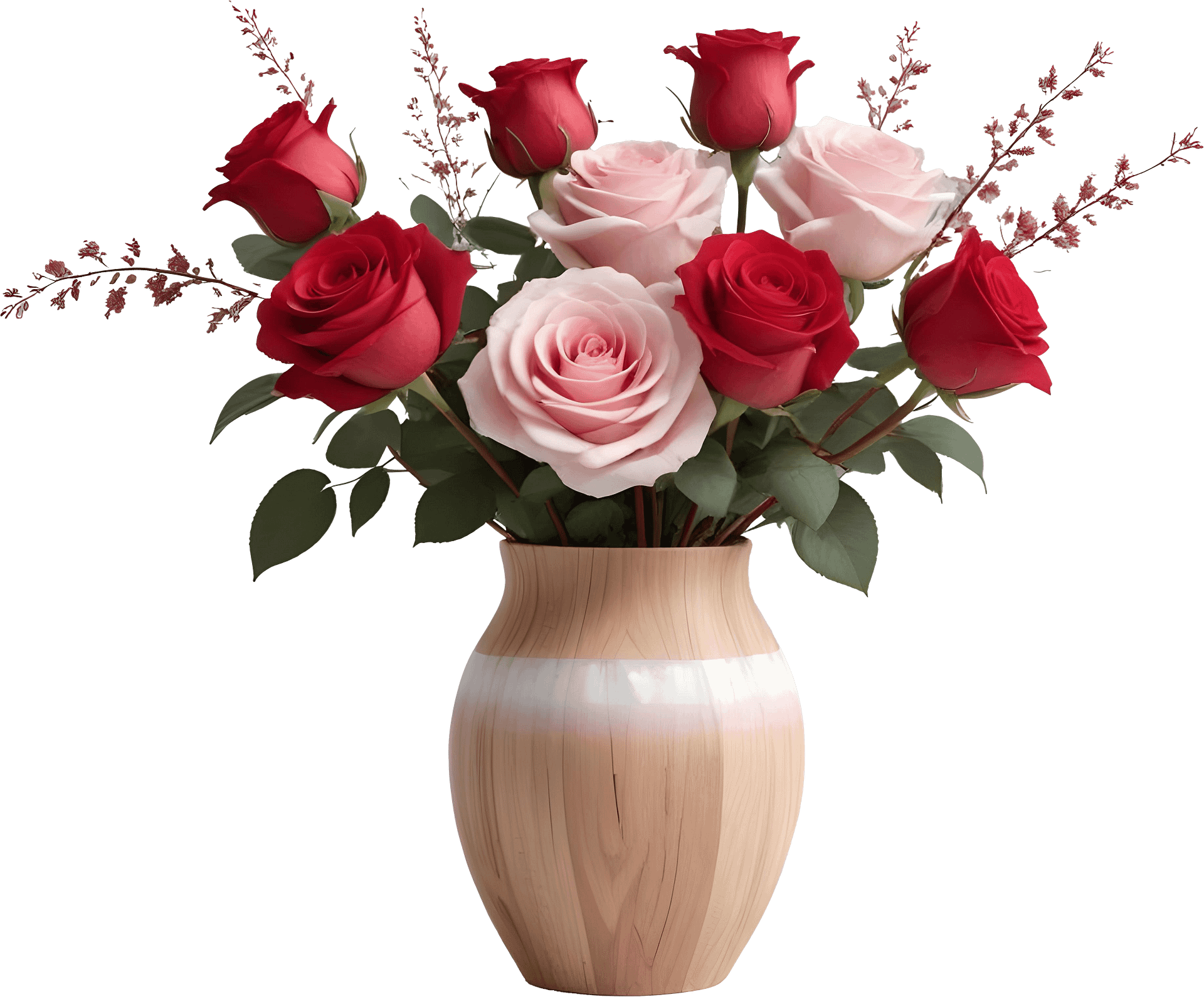 Blossoming Elegance – Soft Wood Vase with Roses PNG product image (1)