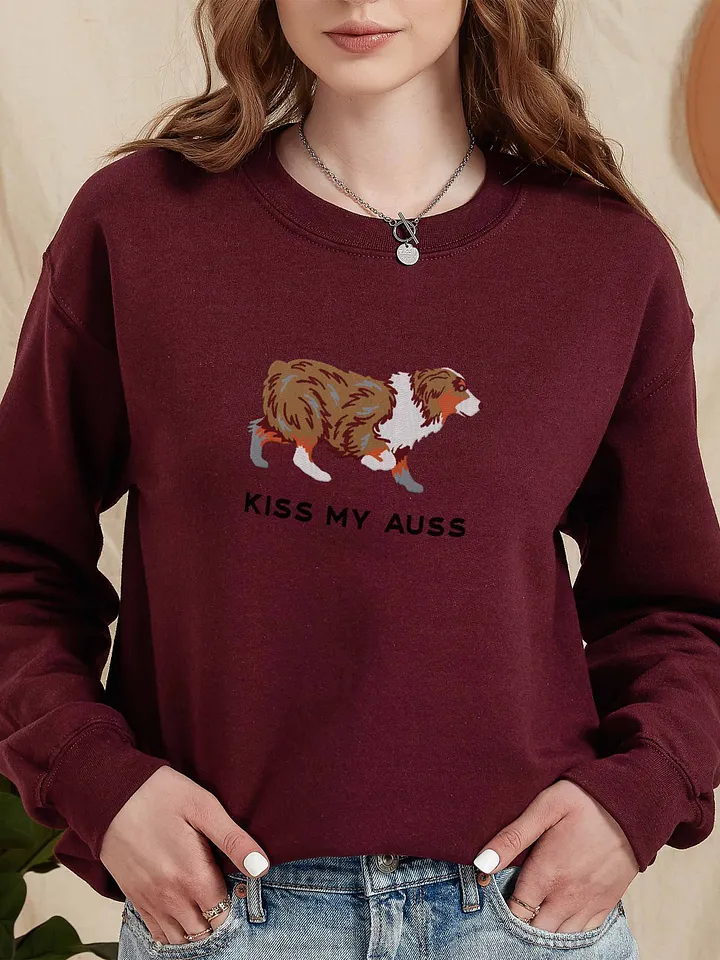 Kiss My Auss Sweatshirt (Embroidered) of an Australian Shepherd(Red Merle) product image (2)