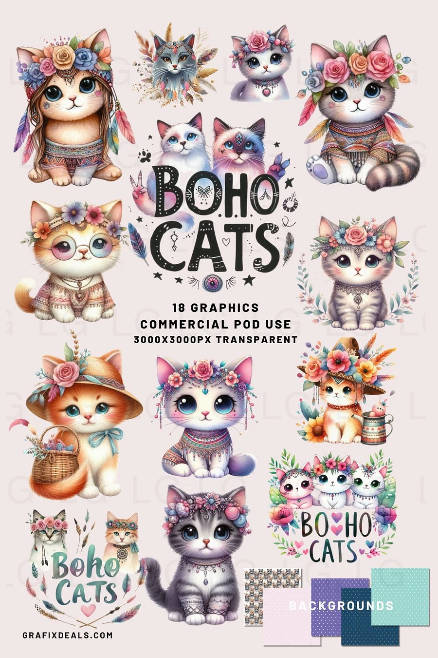 18 x Beautiful BOHO CATS Graphics Bundle Commercial Pod Use + FREE Guide product image (3)