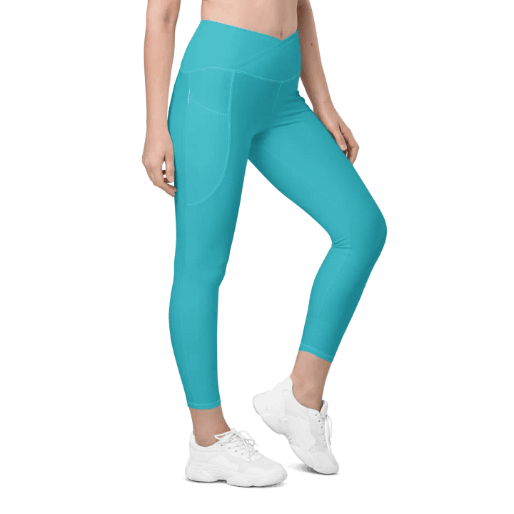 Plain Turquoise Blue Light Summer Women's High Waisted Premium Crossover Leggings with Pockets by Treasure Pie product image (1)