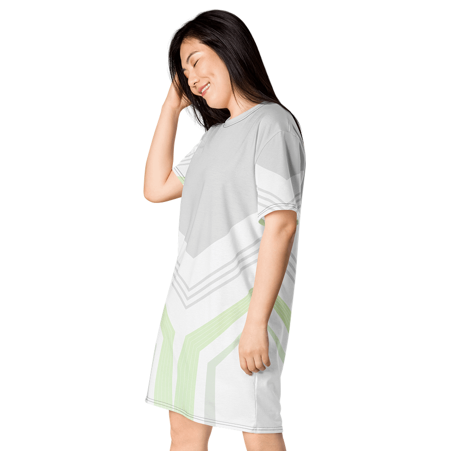 Trendy Geometric Pattern T-Shirt Dress - Light Gray with Green & White Accents - Oversized Fit product image (3)