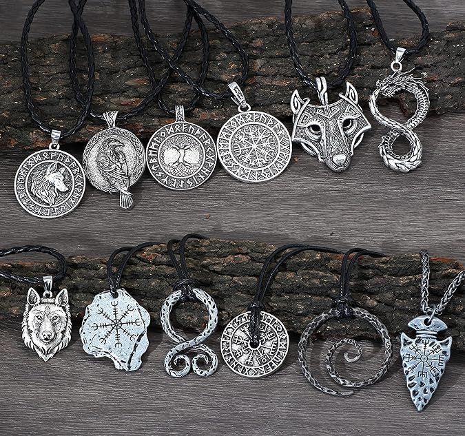 12-Piece Viking Amulet Set – Vegvisir Compass Necklaces with Gift Bag | Norse Protection & Power Collection. product image (2)