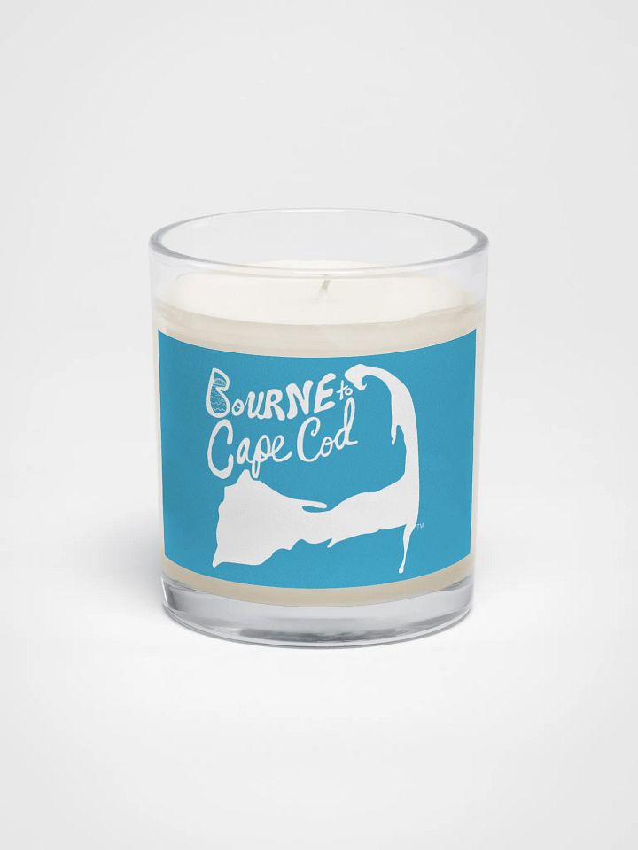 BOURNE to Cape Cod™ | Beach Vibes Candle | Unscented Soy Wax in Glass Jar | White Logo on Deep Sky Blue product image (1)