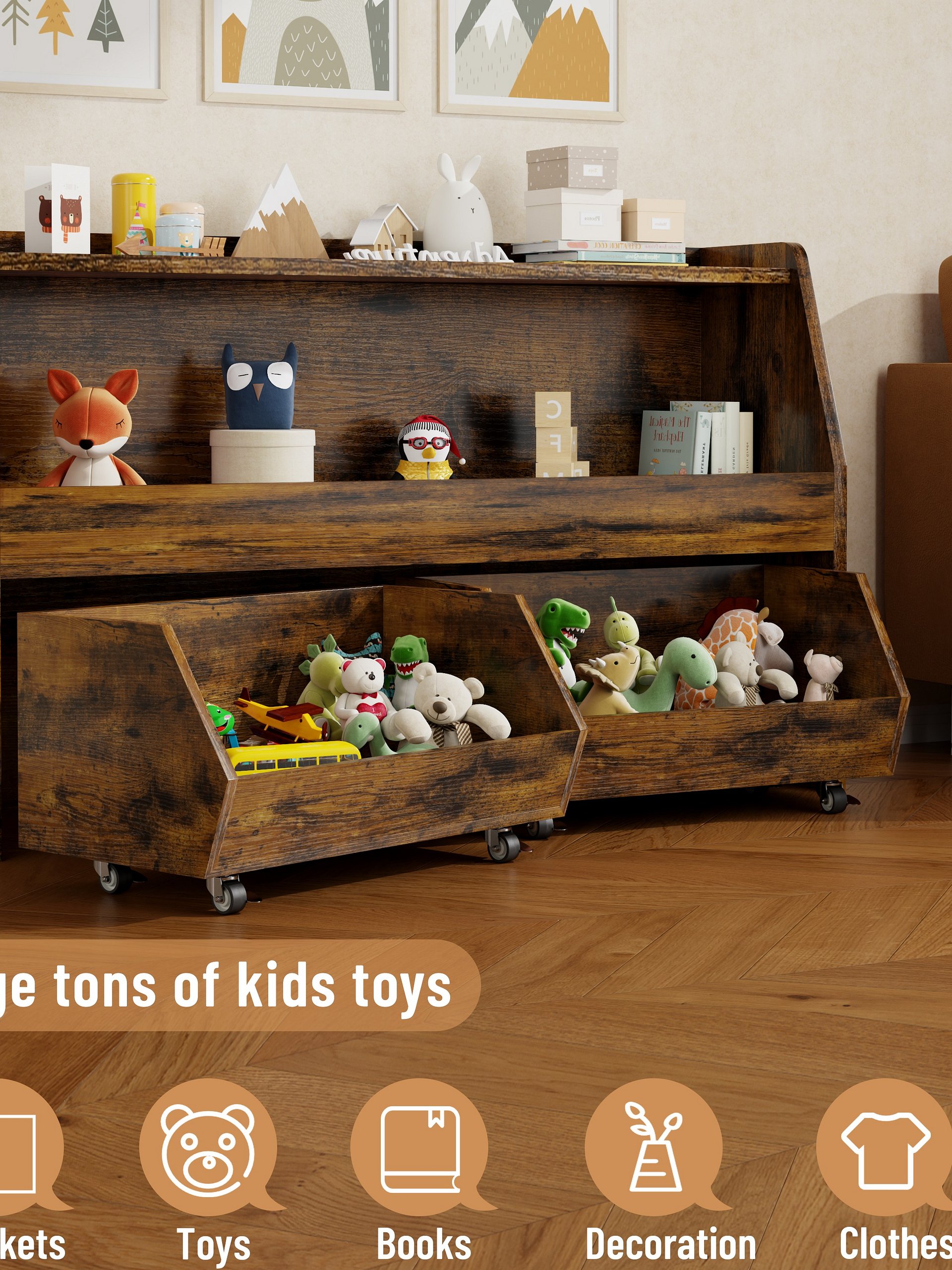 2-Tier Portable Toy Storage, Kids Toy Organizer W/2 Removable Bins with 4 Wheels（Brown) product image (7)