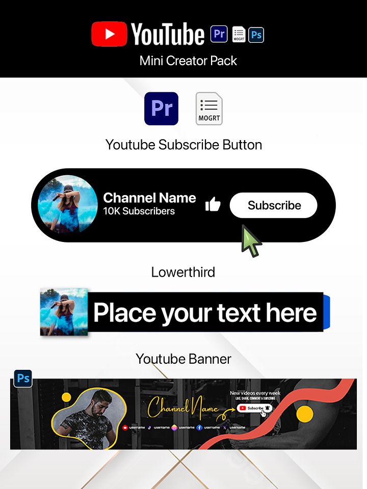 Animated YouTube Subscribe Button and Text Lower Third for Adobe Premiere Pro! | Mini Creator Pack product image (2)