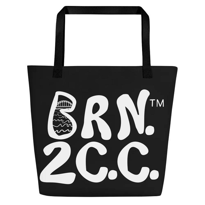 BRN.2C.C.™ | Large Tote Bag with Pocket | Coastal Classic | All-Over Logo Print | White Logo on Black product image (1)