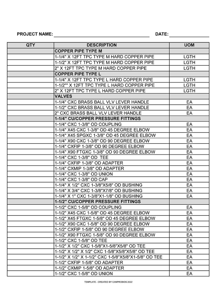 Domestic Water Cu BOM MS Excel Template No. 2 product image (2)