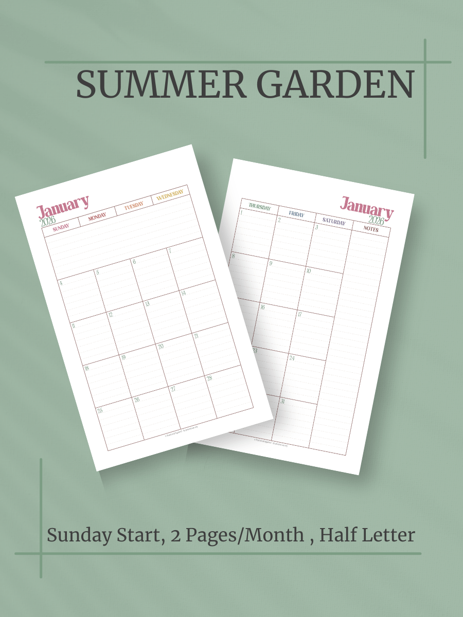 Summer Garden 2026 Calendar - 2 Pages per Month, Sunday Start, Half Letter Size product image (1)
