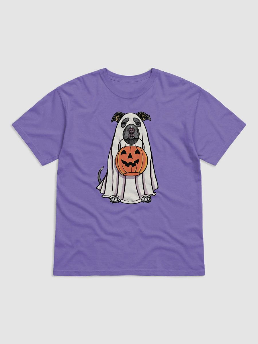 Funny Halloween Pitbull Terrier(Blue) T-Shirt | Funny Pittie Wearing a Ghost Costume and Holding a Pumpkin Basket product image (27)
