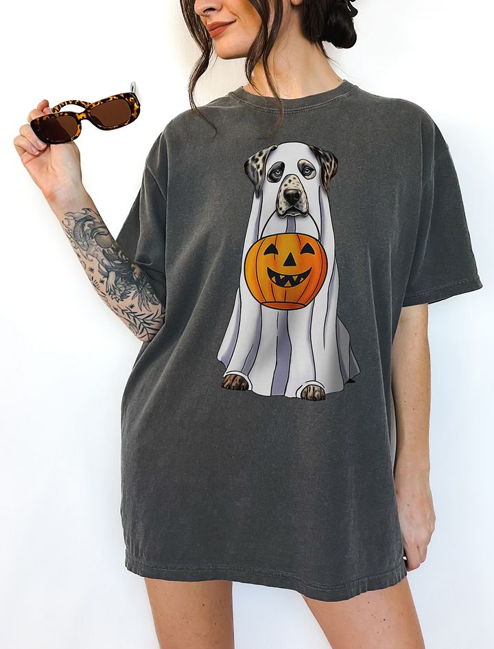 Catahoula Leopard Dog Halloween Tee | Funny Halloween CLD Wearing a Ghost Costume with Pumpkin Basket product image (6)