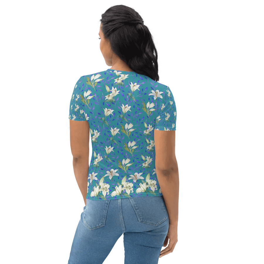 Ladies T shirt all over print blue and white flowery design giving a fresh holiday  fee product image (7)