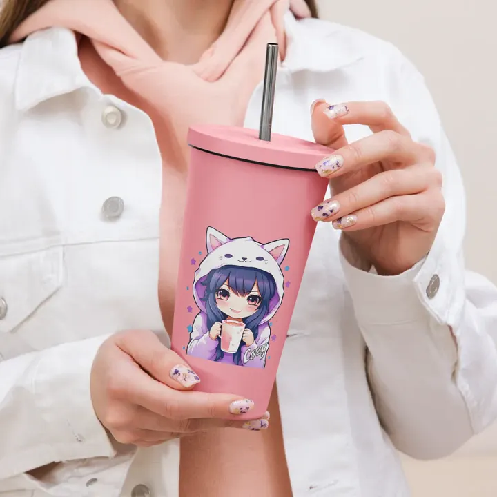Cozy Kawaii Anime Girl 20 oz Tumbler Cup - Pink - Insulated Tumbler with a Straw product image (2)