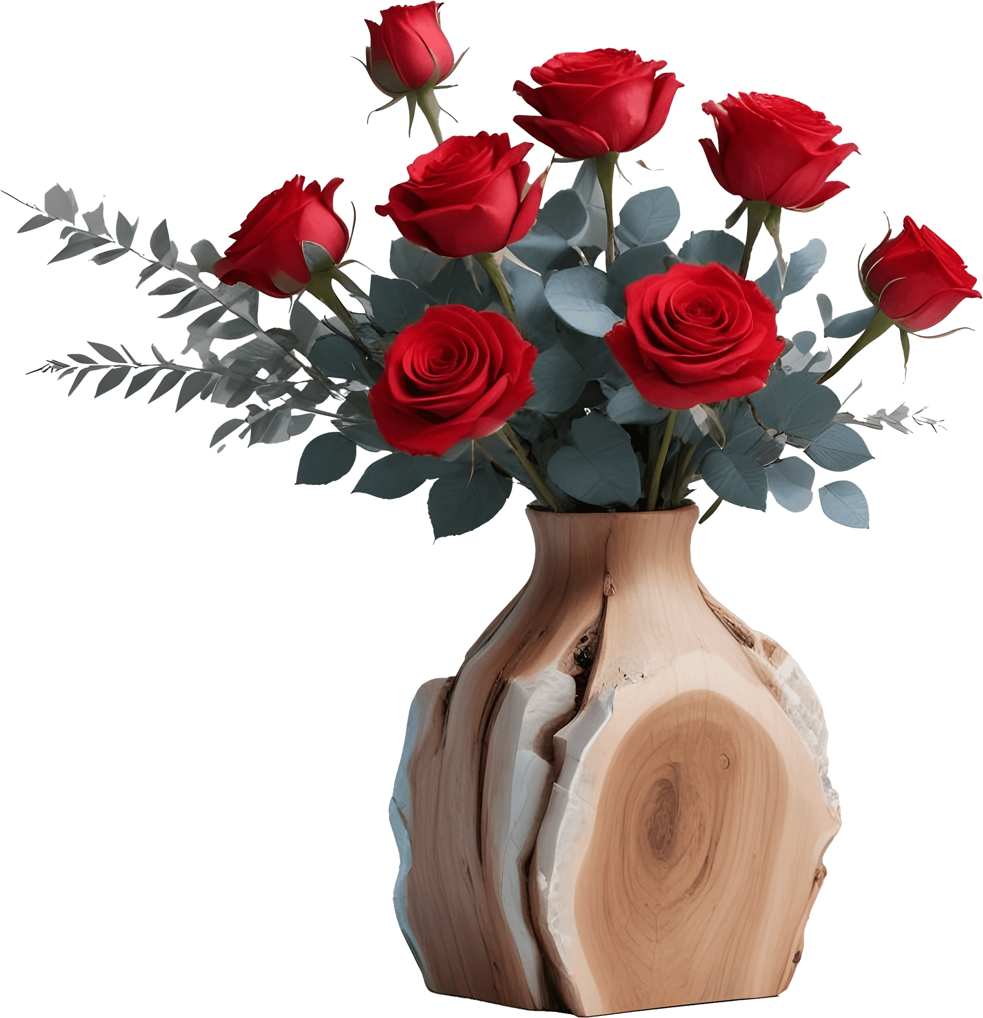 Natural Wooden Slice Vase with Red Roses PNG product image (1)