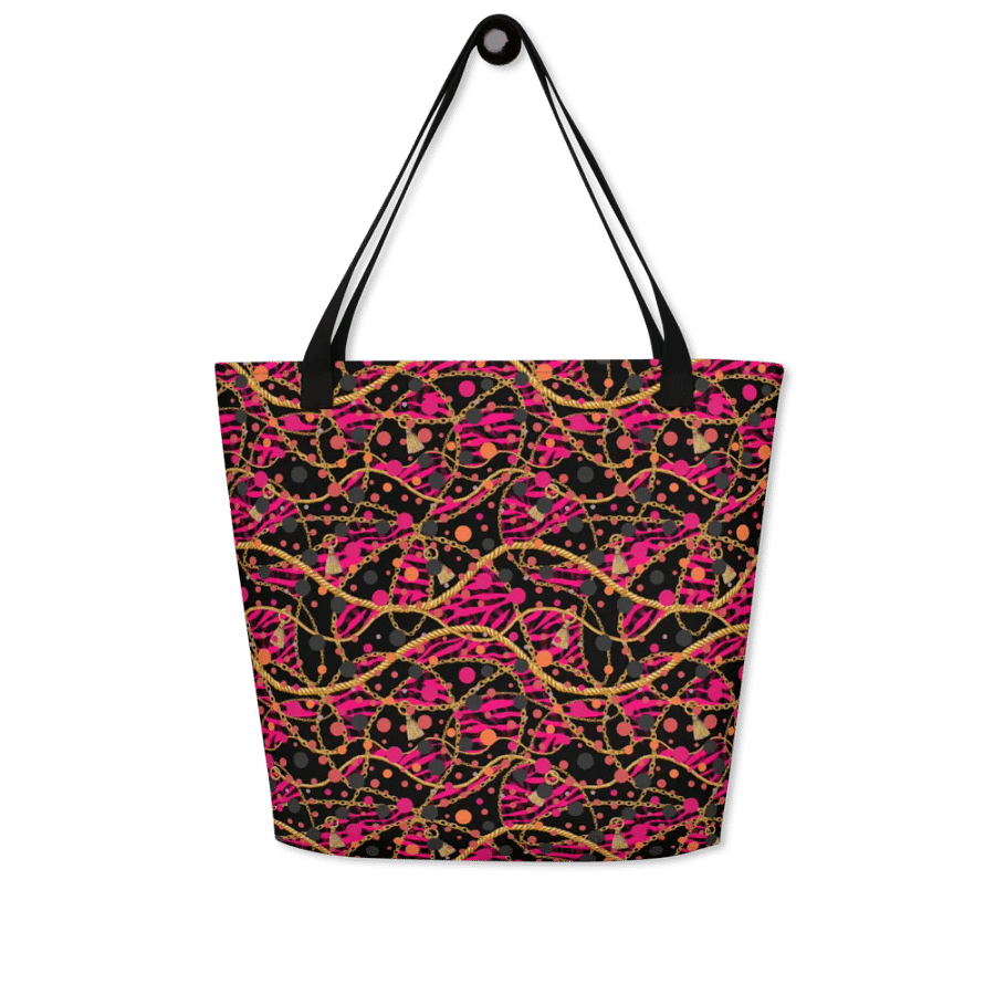 Big printed tote bag with pocket bright reds/pink  gold design product image (4)