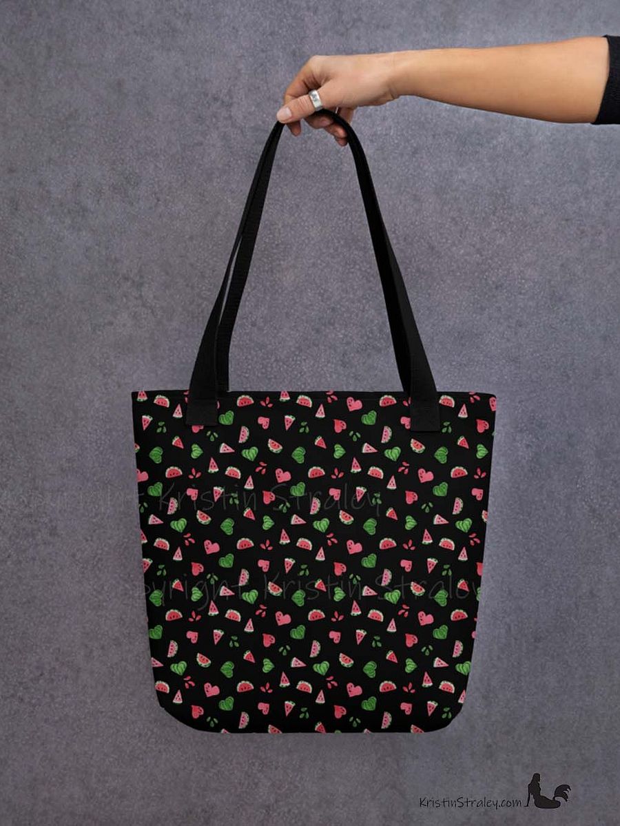 Tossed Watermelons and Hearts on Black Reusable Tote Bag product image (6)