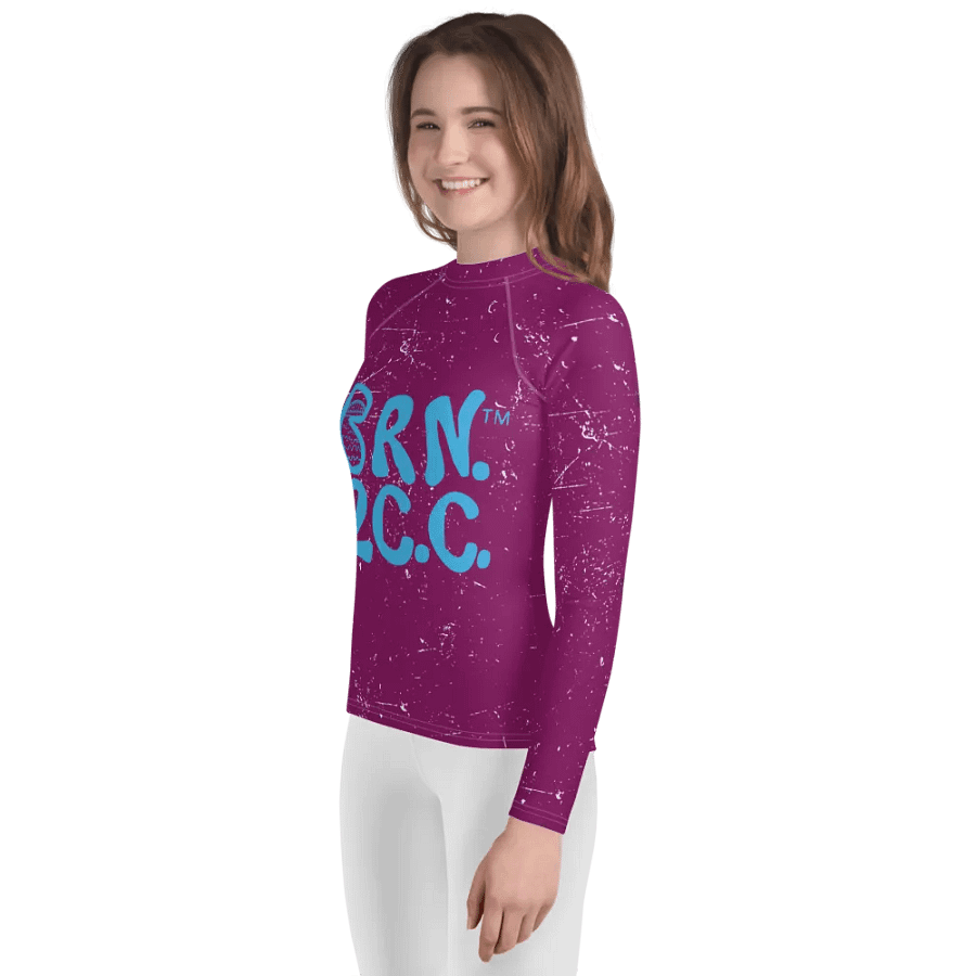 Girls' | YOUTH | Rash Guard | BRN.2C.C.™ Front Graphic | BOURNE to Cape Cod™ Sleeve & Back Logo | Coastal Swim Shirt for Kids | UV Protection Activewear | Blue Logo on Distressed Purple product image (3)