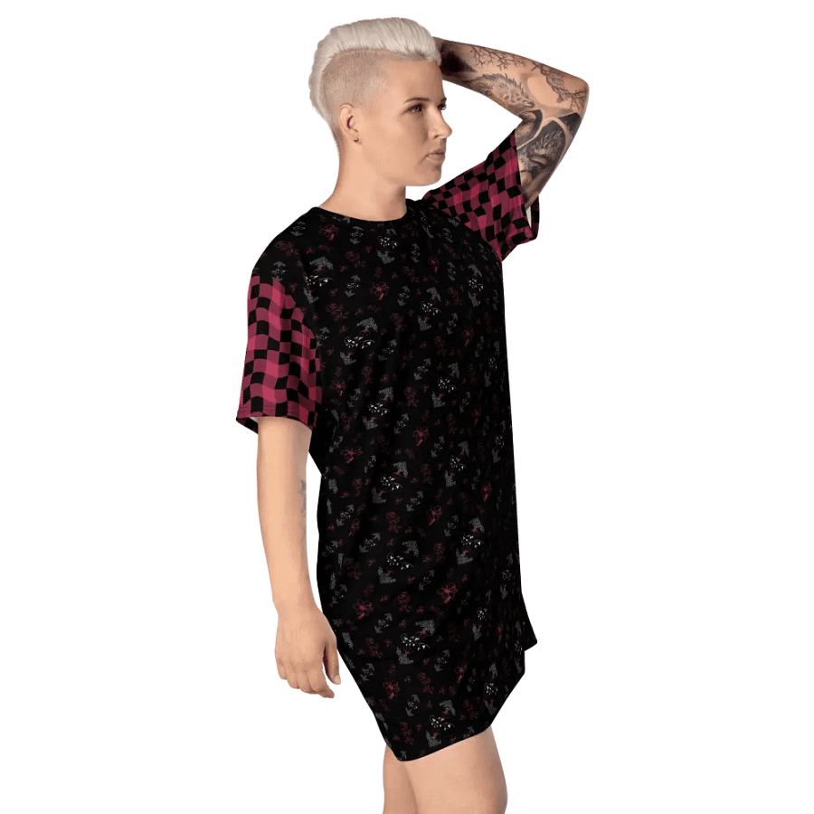 Magenta and White Flowers on Black with Warped Checkered Sleeves Women's T-Shirt Dress product image (9)