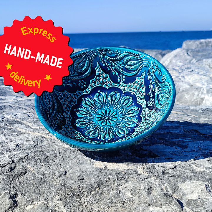 Turquoise Floral Elegance: Handcrafted 20cm Turkish Ceramic Bowl — handmade pottery, handmade ceramic, home decor, handmade gift product image (1)