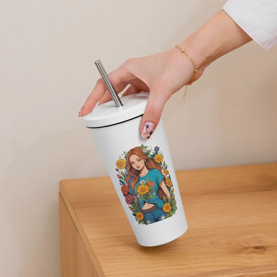 Bloomcore Flower Girl 20 oz Tumbler Cup - White - Insulated Tumbler with a Straw - v1 product image (6)