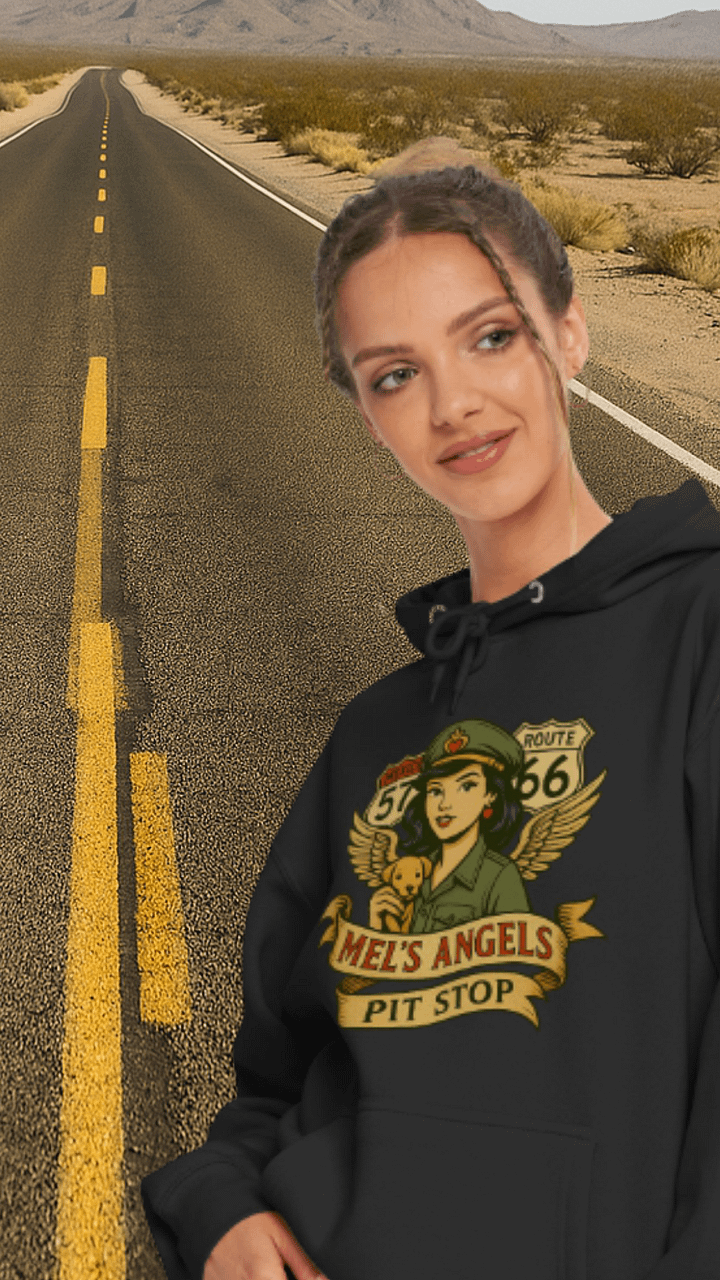 Mel’s Angels Pit Stop Hoodie – Retro Biker Pin-Up & Route 66 Graphic Sweatshirt product image (1)