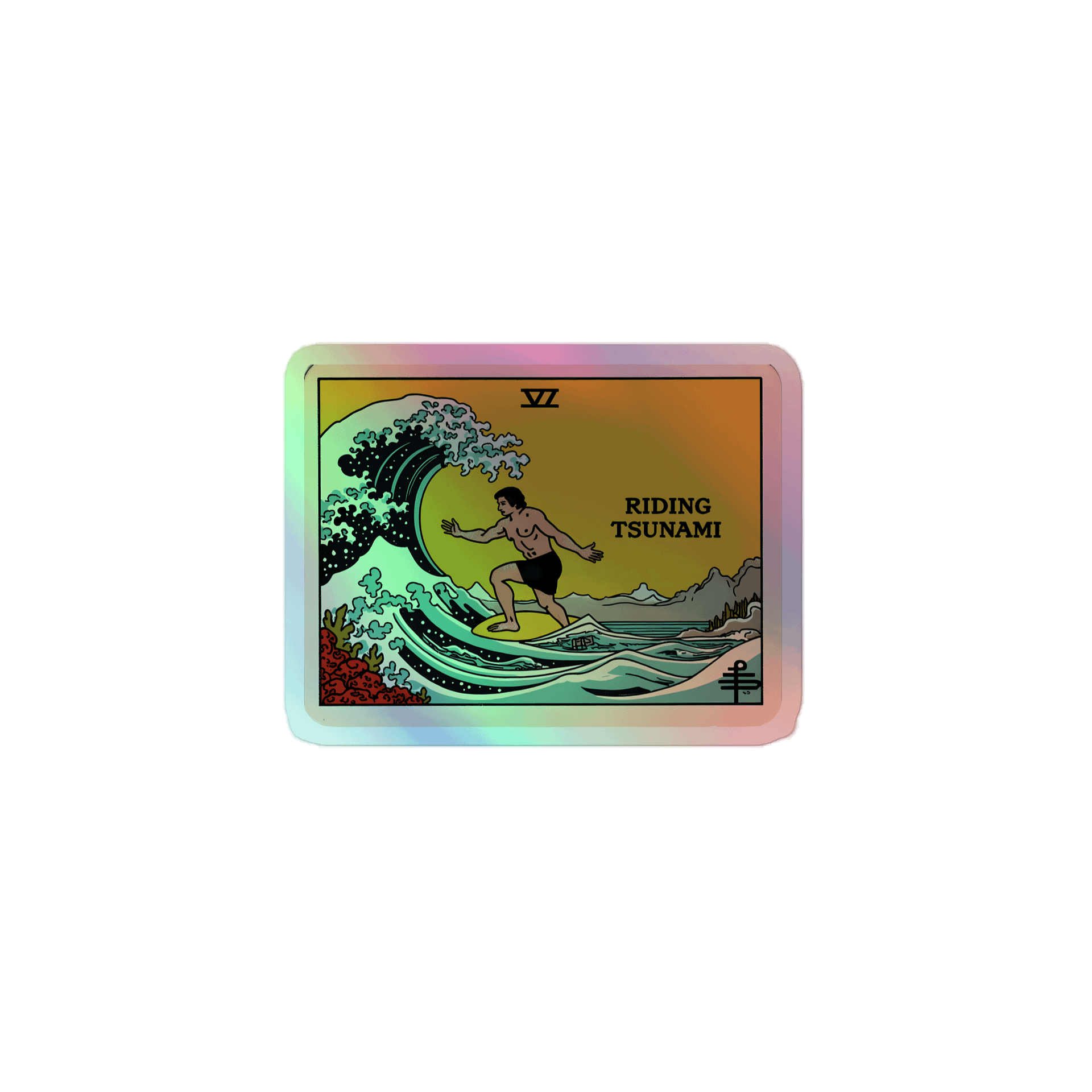Vintage Tsunami Tarot Card Art Print Holographic Sticker product image (1)
