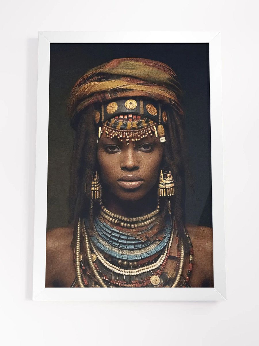 African Woman in Traditional Head Dress, Bronze & Blue Stone Jewelry Poster Print, Framed product image (5)