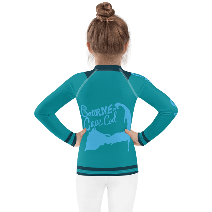 Girls' | Little KIDS | Rash Guard | BRN.2C.C.™ Front Print | BOURNE to Cape Cod™ Back & Sleeve Logo | Coastal UV Shirt for Active Kids | Slim Fit Swim Top | Blue Logo on Blue Stripes product image (2)