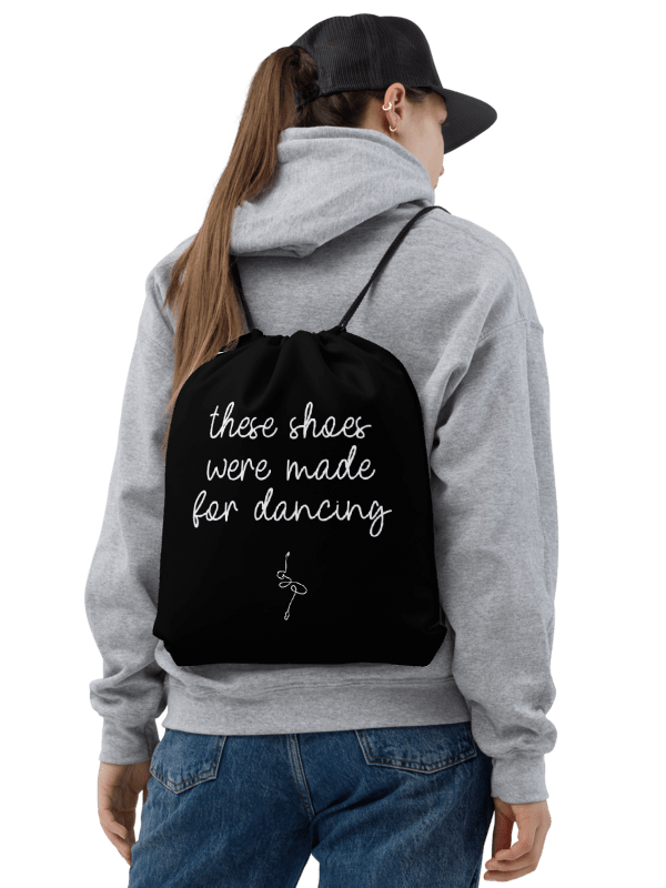 Drawstring Dance Bag | Black with White Logo and Quote product image (2)