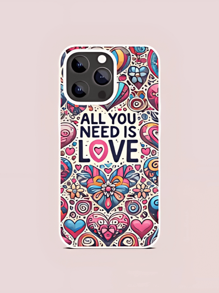 Colorful Love Phone Case PNG – Cute Heart Pattern with 'All You Need is Love' Theme – Sublimation Ready – High-Quality Instant Download (300 DPI) product image (1)