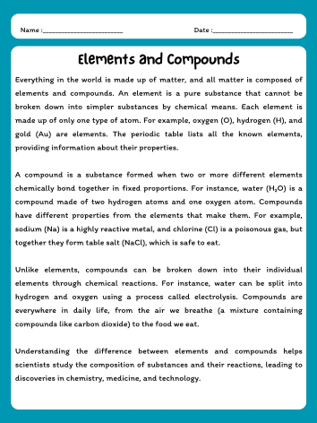 Elements and Compounds Reading Comprehension Passage & Questions product image (1)