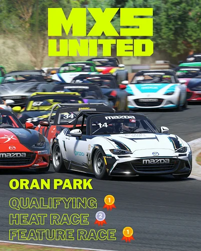 Strong first Round in MX5 United!

Pole position in Qualy. P2 in the Heat race. P1 in the Feature Race (Top 10 inverted, my s...