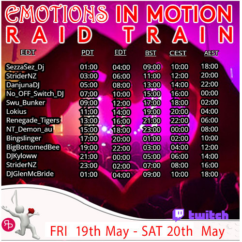 // Get onboard for today's Raid Train //

• Biolink for ( May 19, 2023 ) Emotions In Motion Raid Train https://ko-fi.com/post...